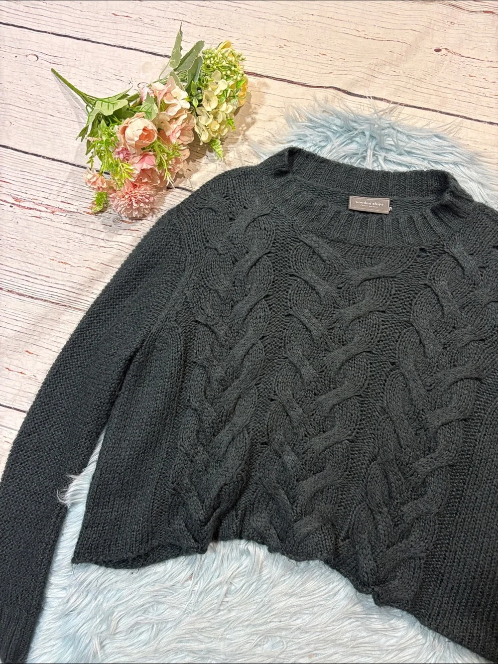 Wooden Ships Black Cropped Wide Cable Knit Mohair Wool Blend Sweater